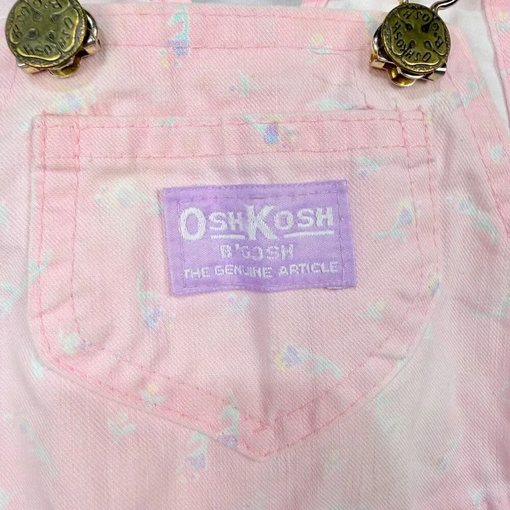 Vintage Oshkosh B’Gosh Vestbak Pink Denim Floral Overalls Shorts Size 18 Month